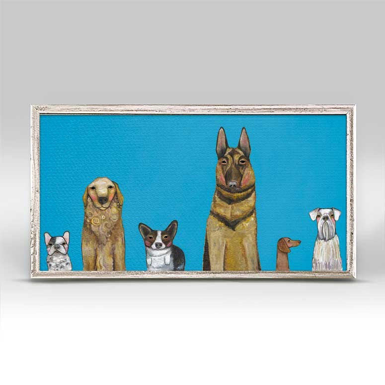 Dogs Dogs Dogs on Blue Mini Framed Canvas Print by Eli Halpin