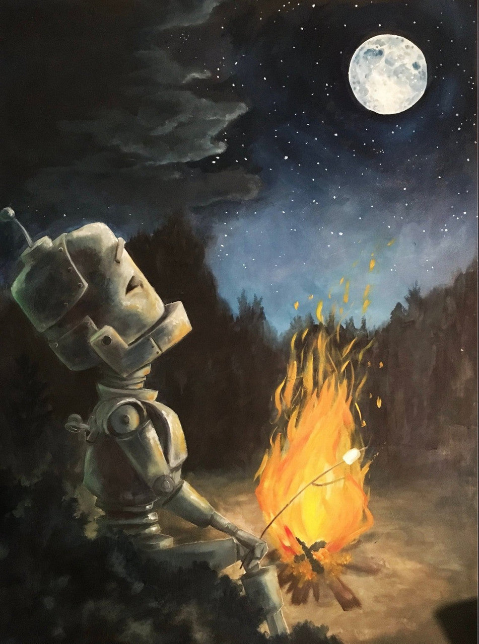 Campfire Bot - Robots in Rowboats by Lauren Briere + Print on Wood "Brick"