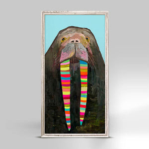 Designer Walrus on Bright Blue Mini Framed Canvas Print by Eli Halpin