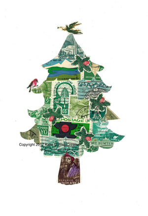 Fir Tree - Postage Stamp Collage Print by Katie Conley