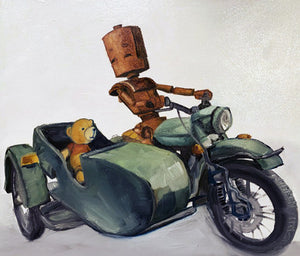 Sidecar Bot - Robots in Rowboats by Lauren Briere + Print on  Wood Panel