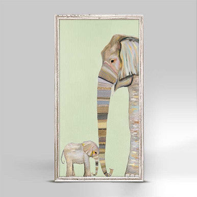 Elephant Baby and Mama on Mint Mini Framed Canvas Print by Eli Halpin