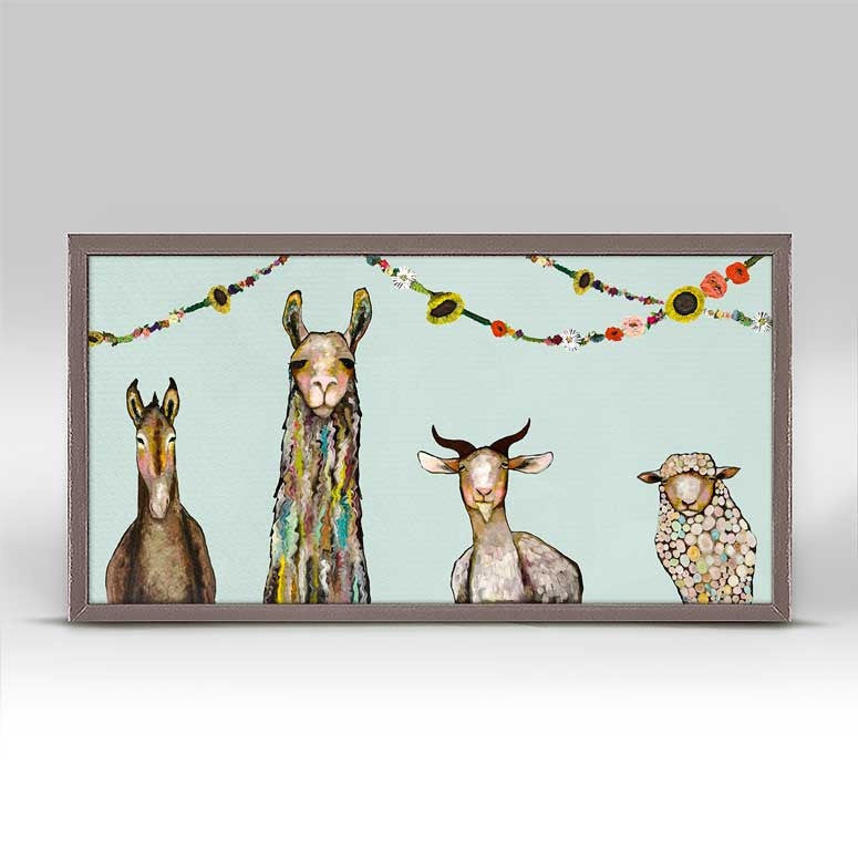 Donkey, Llama, Goat, Sheep with Garland Mini Framed Canvas Print by Eli Halpin