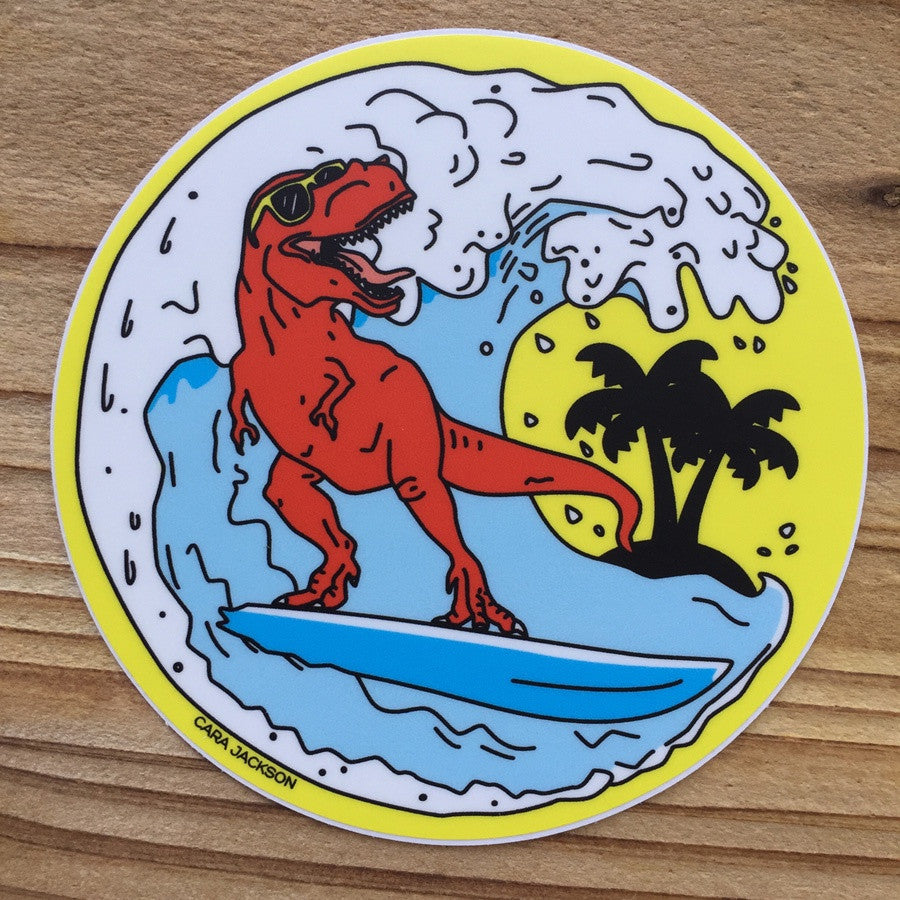 Surfing Dino Sticker by Cara Jackson