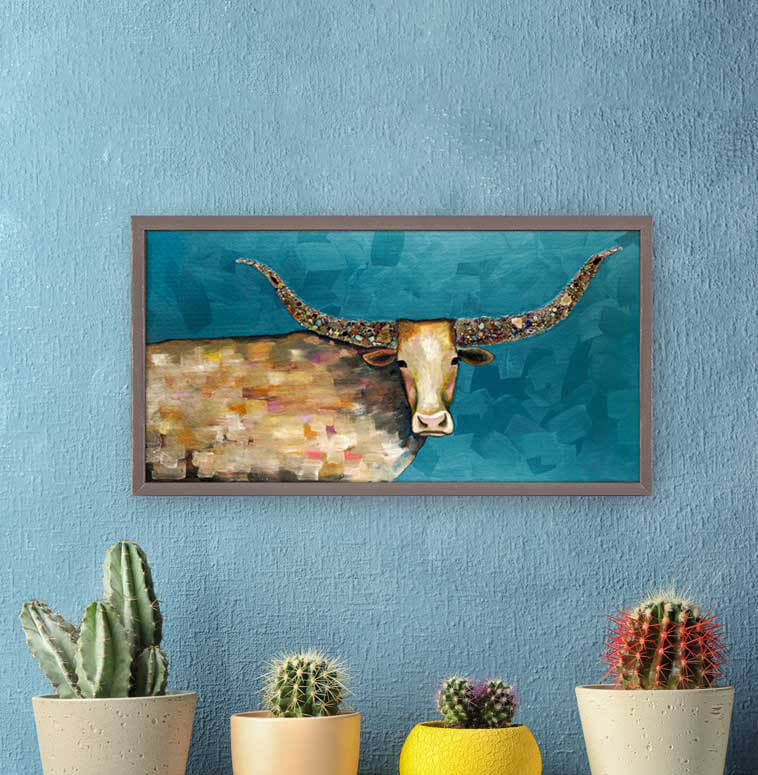 A trendy and contemporary longhorn with embellished geode horns stands out on this animal art by Eli Halpin. Miniature versions of our signature canvas wall art are each framed with a rustic wood finish.