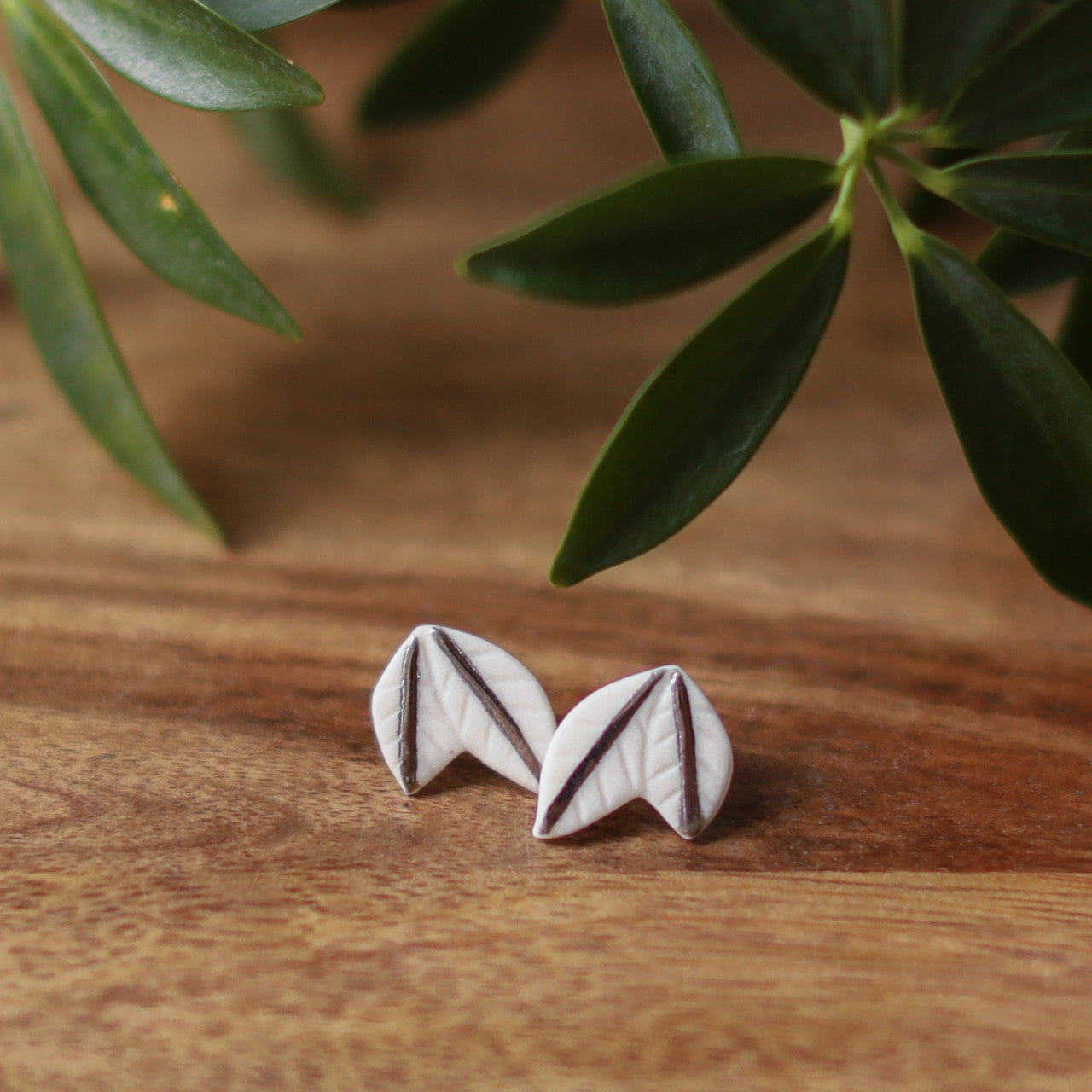 White Gold Leaf Stud Earrings - Barcelona Inspirada by Remnant Studios