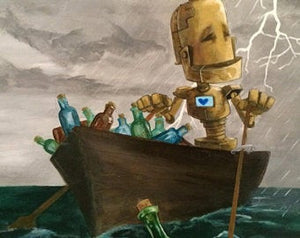 Message in a Bottle Bot - Robots in Rowboats by Lauren Briere + Print on Large Wood "Brick"