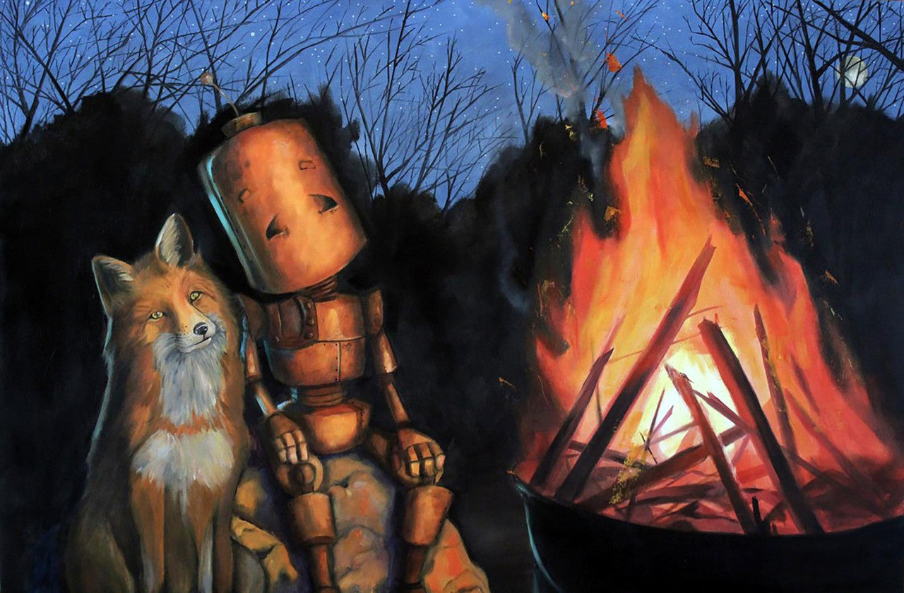 Fox & Fire Bot - Robots in Rowboats by Lauren Briere + Print on Wood "Brick"