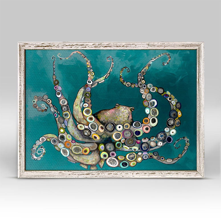 Octopus In The Deep Teal Sea in Rustic White Mini Framed Canvas Print by Eli Halpin