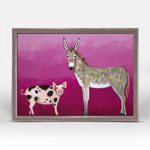 Donkey and Pig Tails Print by Eli Halpin - Austin Tx Artist
Mini Framed Canvas Print 
5" x 7"
Eli Halpin paints an old tale between the donkey and the pig. The piece reminds us that we must only take what we need not what we want!