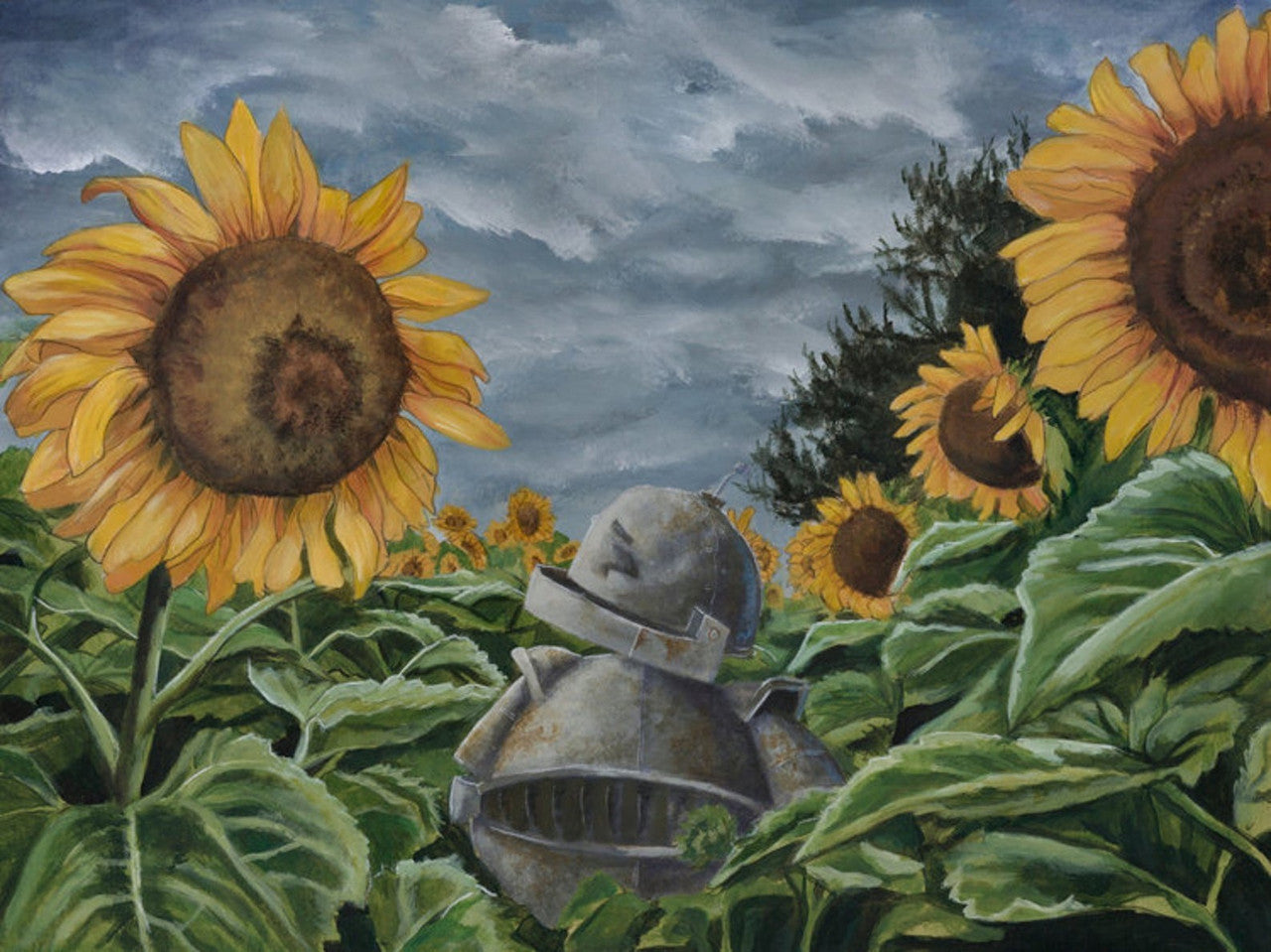 Sunflower Bot - Robots in Rowboats by Lauren Briere + Print on Wood  "Brick"