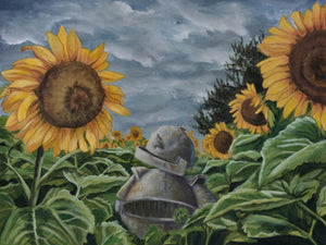 Sunflower Bot - Robots in Rowboats by Lauren Briere + Print on Wood  "Brick"