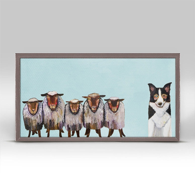 Border Collie and Crew on Sky Blue Mini Framed Canvas Print by Eli Halpin - Slight Damage on the back.