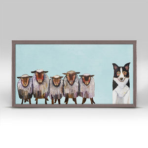 Border Collie and Crew on Sky Blue Mini Framed Canvas Print by Eli Halpin