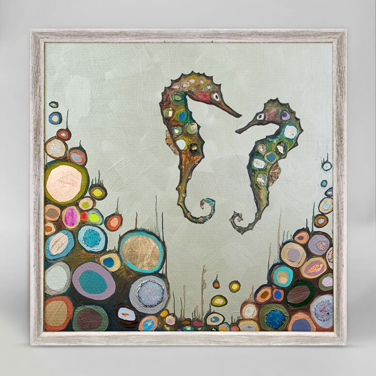 A pair of sea horses glides together through gorgeous multicolored reefs. Finished in our rustic white frame, they'll sit easily on your shelf or wall.