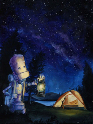 Camping Bot - Robots in Rowboats by Lauren Briere + Print on Large Wood Panel