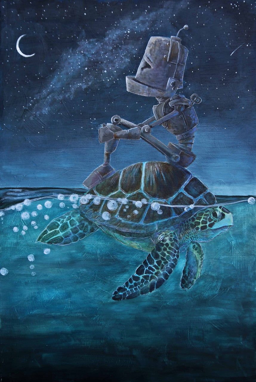 Sea Turtle Bot - Robots in Rowboats by Lauren Briere + Print on Wood "Brick"
