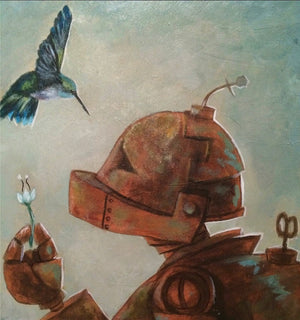 HummingBot - Robots in Rowboats by Lauren Briere + Print on Wood "Brick"