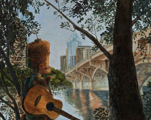 Congress Bridge Bot - Robots in Rowboats  by Lauren Briere + Print on Wood "Brick"