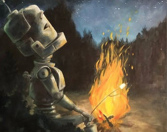 Campfire Bot - Robots in Rowboats by Lauren Briere + Print on Large Wood "Brick"
