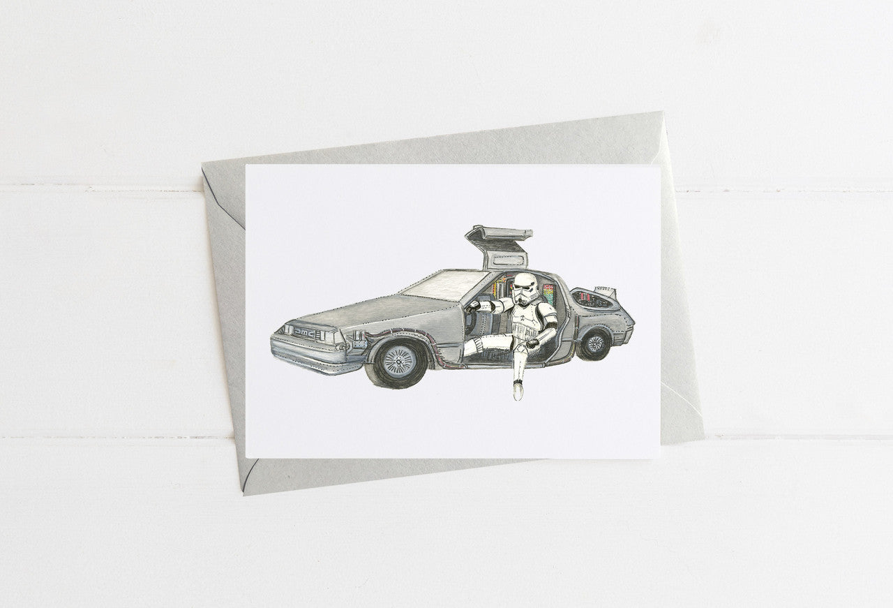 Storm Trooper and The Delorean Card by Emily Mercedes