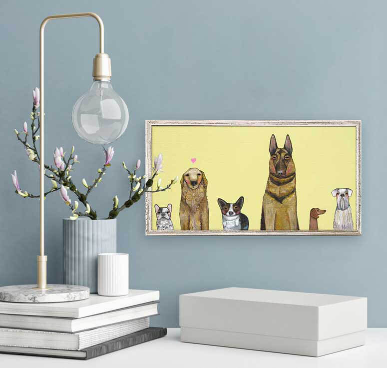 Dogs Dogs Dogs on Yellow Mini Framed Canvas Print by Eli Halpin