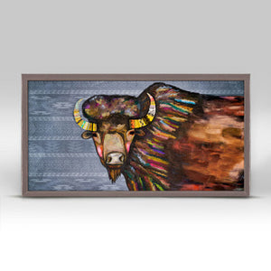 Crowned Bison on Tribal Blue Mini Framed Canvas Print by Eli Halpin