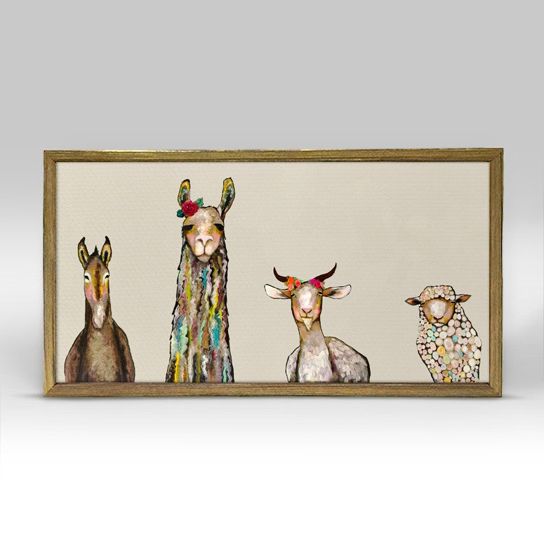 Donkey, Llama, Goat, Sheep on Cream Mini Framed Canvas Print by Eli Halpin