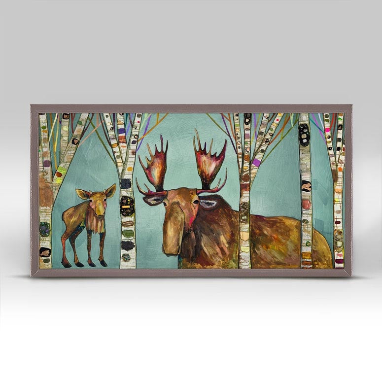 Moose Birch Tree Forest Mini Framed Canvas Print by Eli Halpin