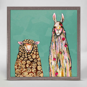 Llama Loves Sheep on Teal Mini Framed Canvas Print by Eli Halpin