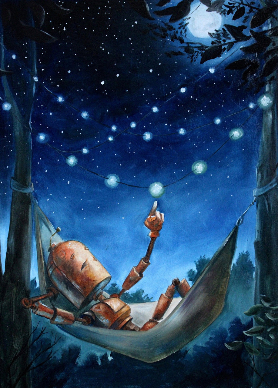 Backyard Bot -Robots in Rowboats by Lauren Briere + Print on  Wood "Brick"