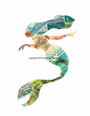 Mermaid 2 - Postage Stamp Collage Print by Katie Conley