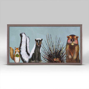 Woodland Crew on Blue Mini Framed Canvas Print by Eli Halpin