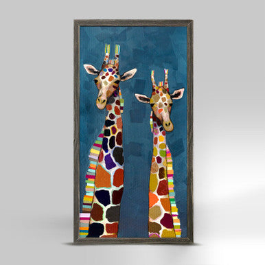 Two Giraffes on Blue Mini Framed Canvas Print by Eli Halpin