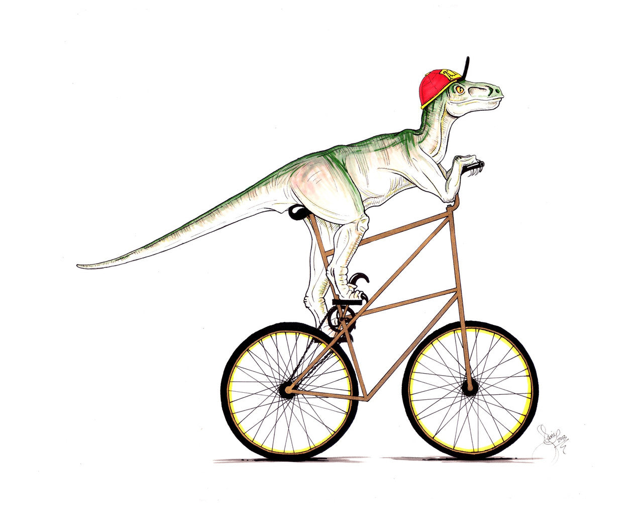 Velociraptor on a Tall Bike Print by Janis Fowler