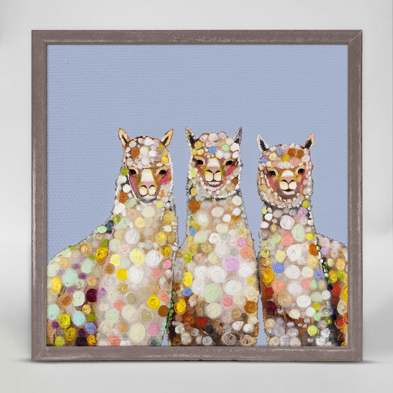 A beautiful alpaca trio created by Eli Halpin. Eli's collection of animal wall art draws the eye like no other. Group these with other Halpin animal art for an unrivaled feature wall.