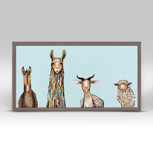 Donkey, Llama, Goat, Sheep on Sky Blue Mini Framed Canvas Print by Eli Halpin