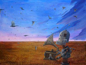 Gramophone Bot  - Robots in Rowboats by Lauren Briere+ Print on Wood Panel