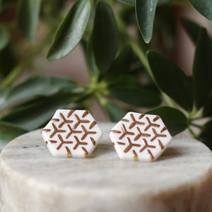 White & Gold Hexagon Stud Earrings - Barcelona Inspirada by Remnant Studios