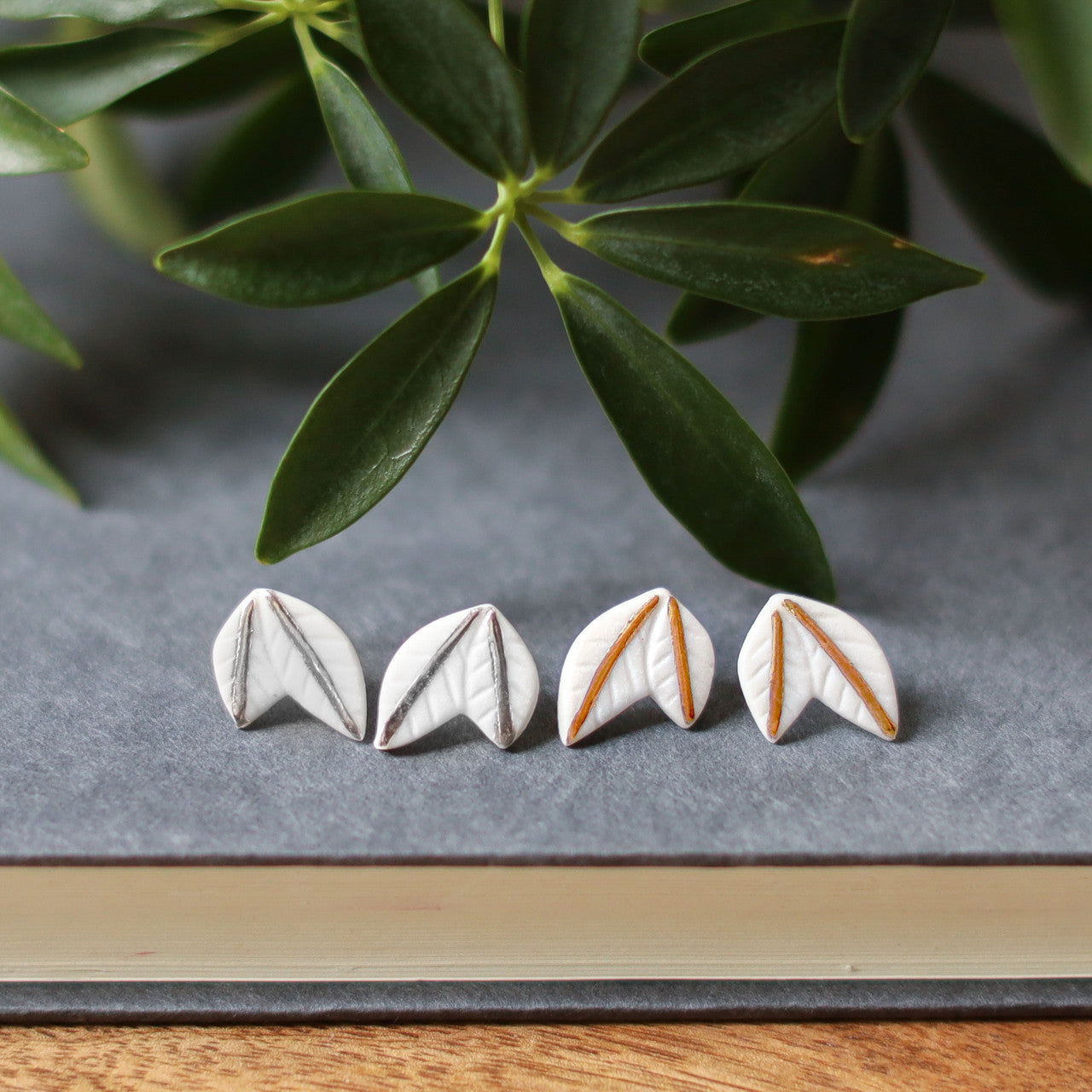 White Gold Leaf Stud Earrings - Barcelona Inspirada by Remnant Studios