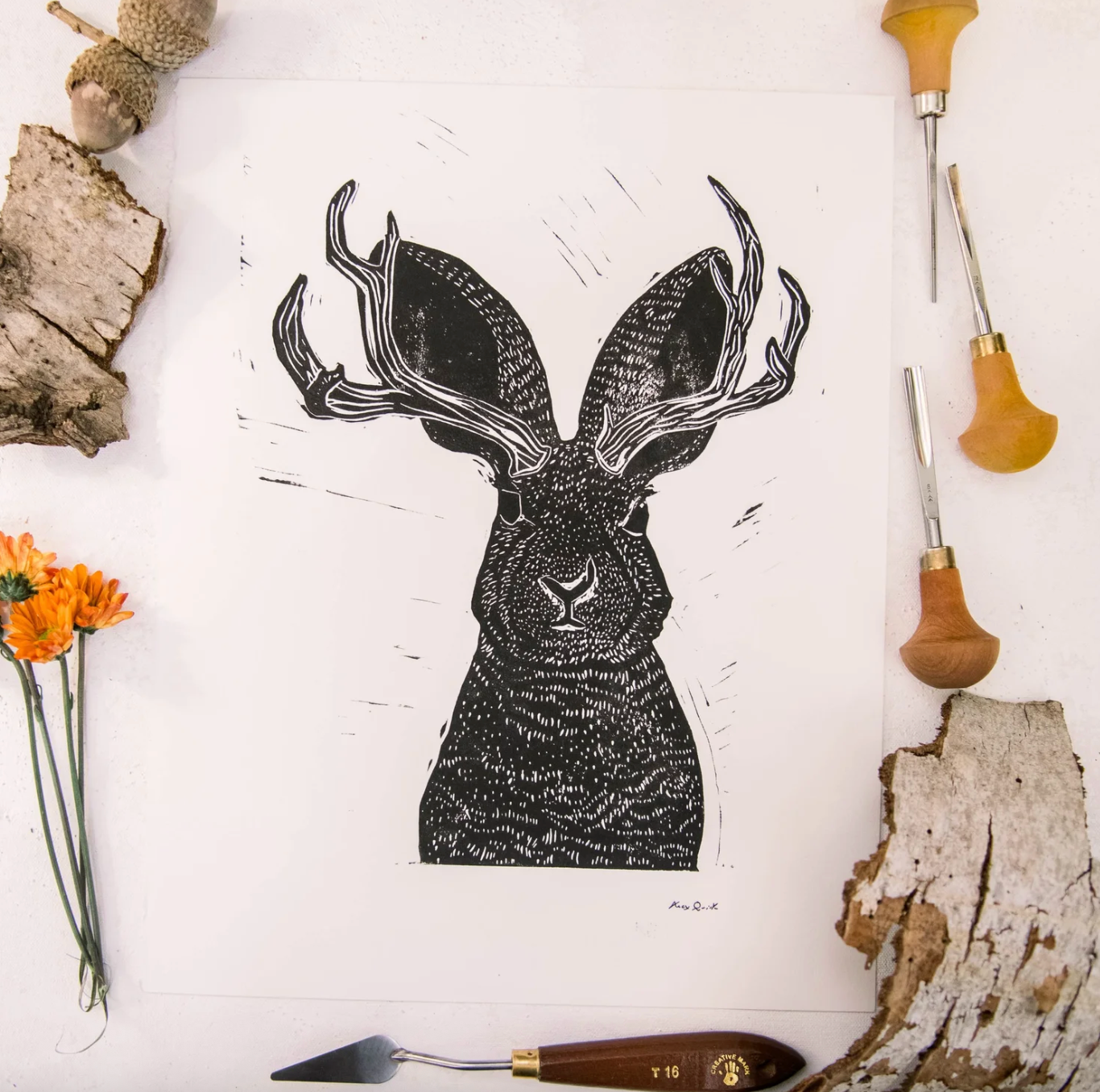 Jackalope Linocut Prints by Alex Quirk - 11"x14" + Original