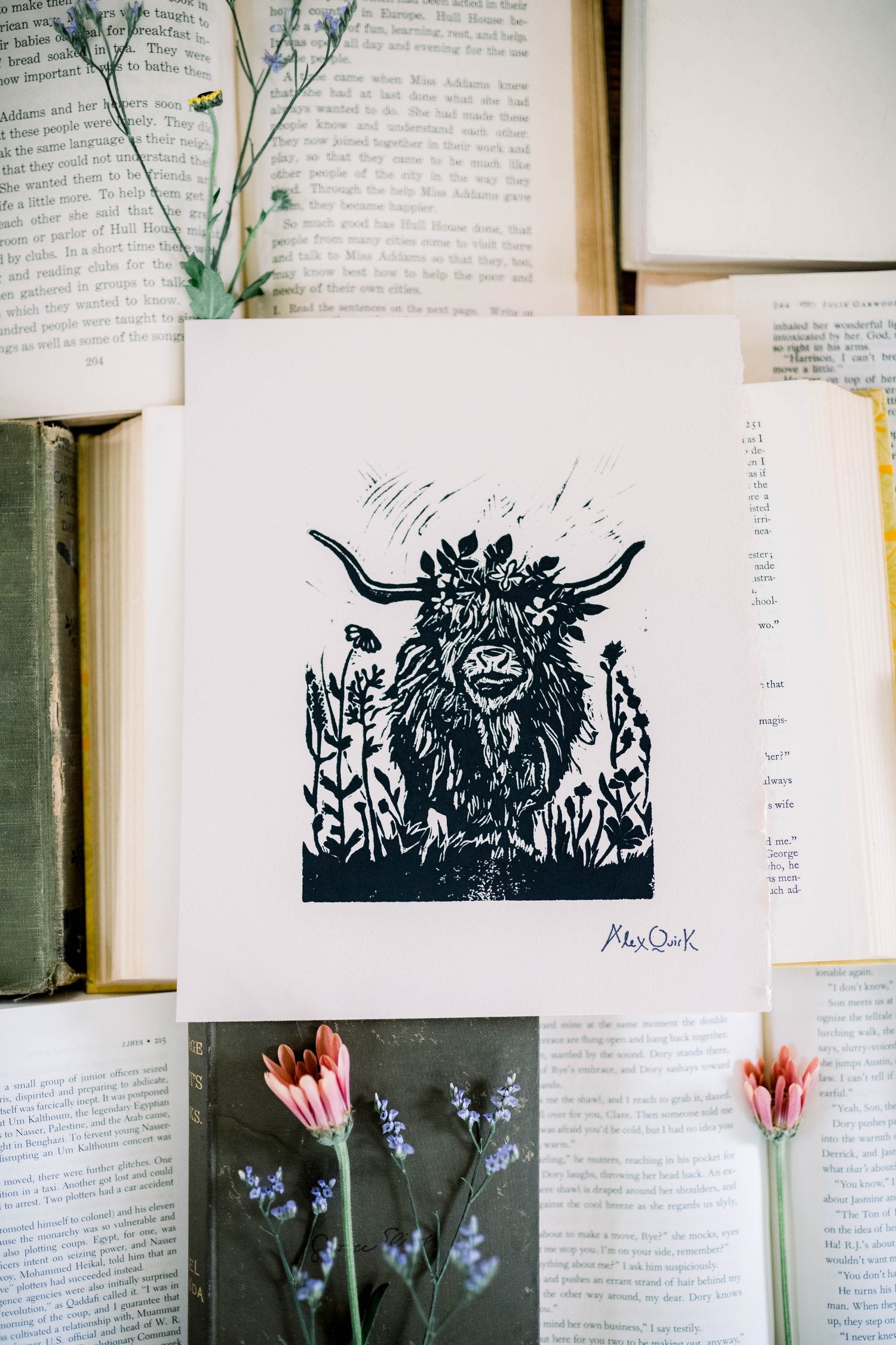 Pickles the Highlander Cow Linocut Print by Alex Quirk + Original