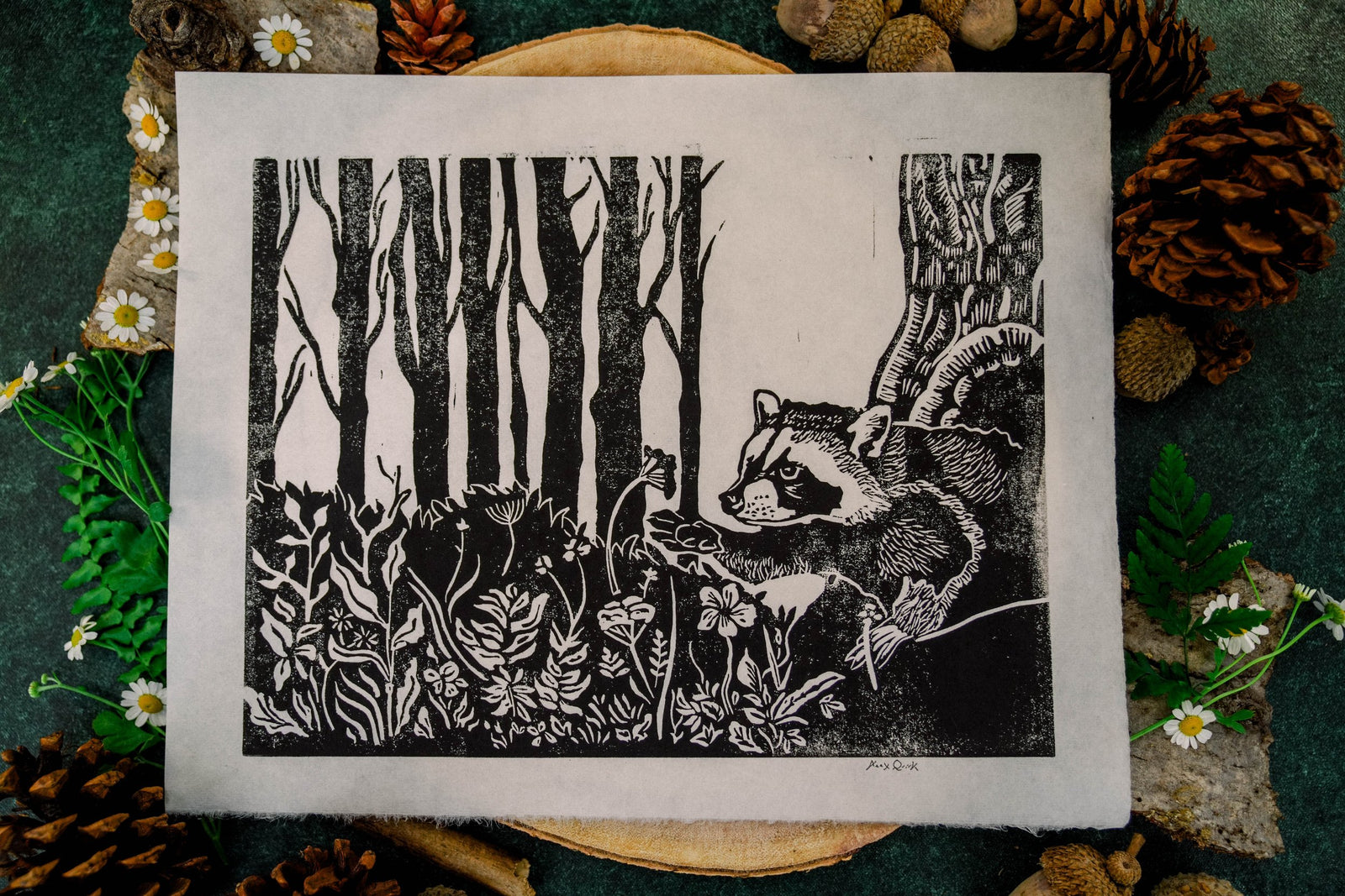 Raccoon and Flower Linocut Prints by Alex Quirk - 11"x14" + Original