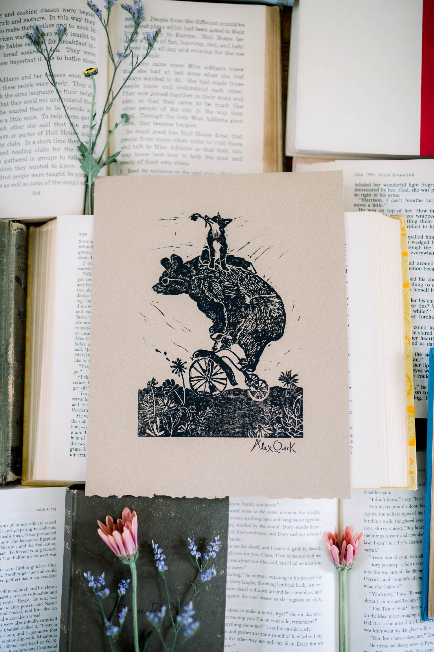 Fox and Bear Linocut Print by Alex Quirk + Original