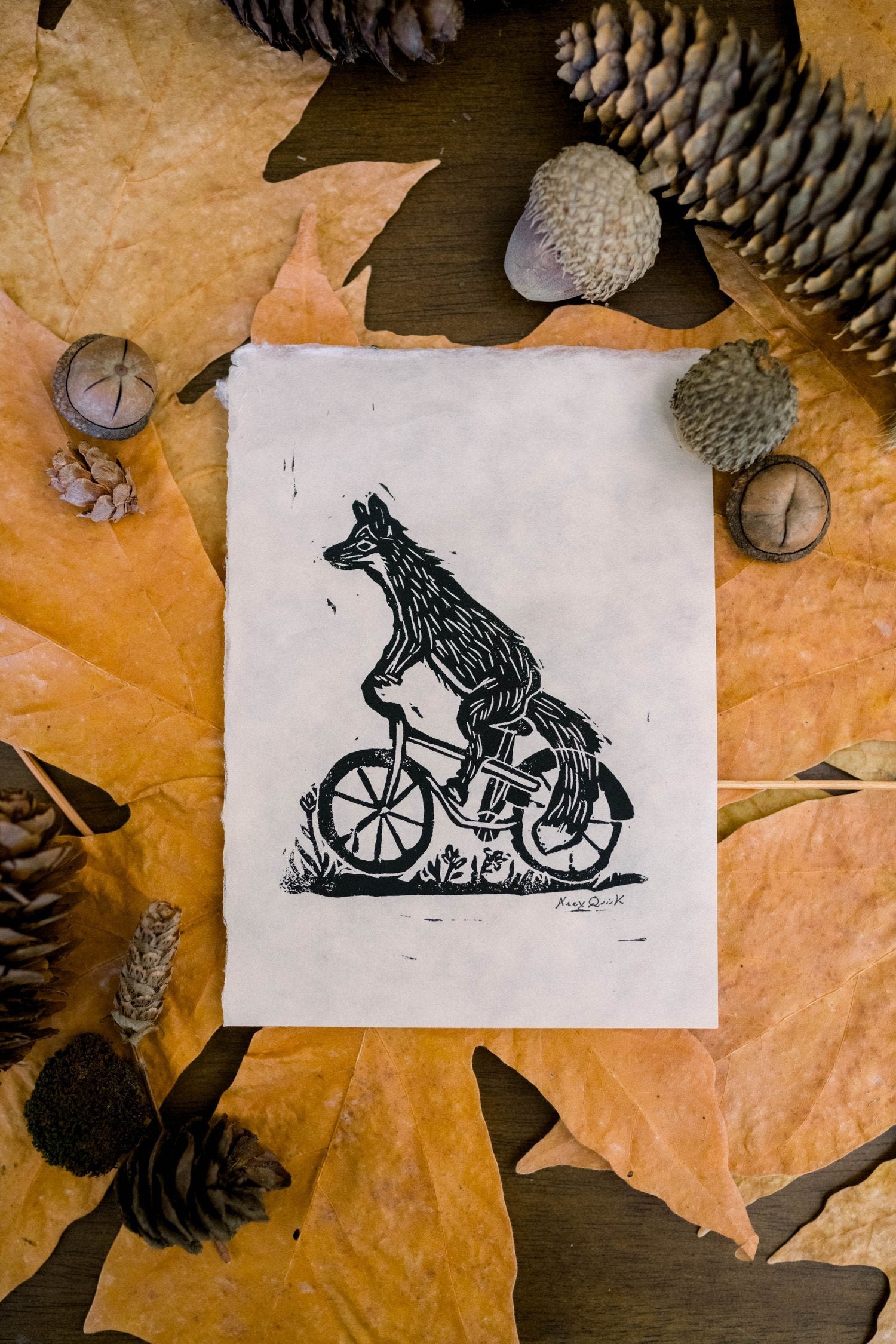 Fox Riding Through The Meadow Linocut Print by Alex Quirk + Original