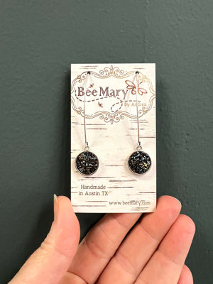 Blue Black Crushed Glass Dot Dangle Earrings with Silver Wires by Bee Mary