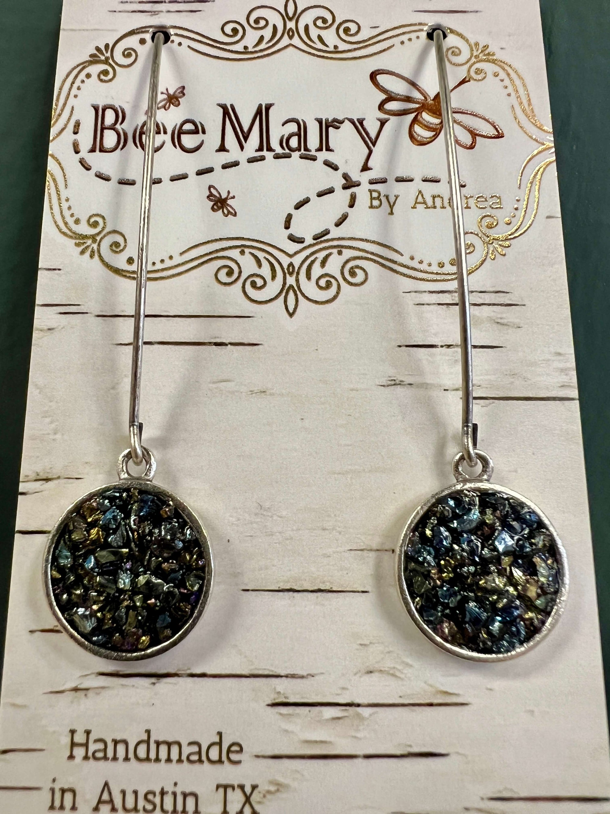 Blue Black Crushed Glass Dot Dangle Earrings with Silver Wires by Bee Mary