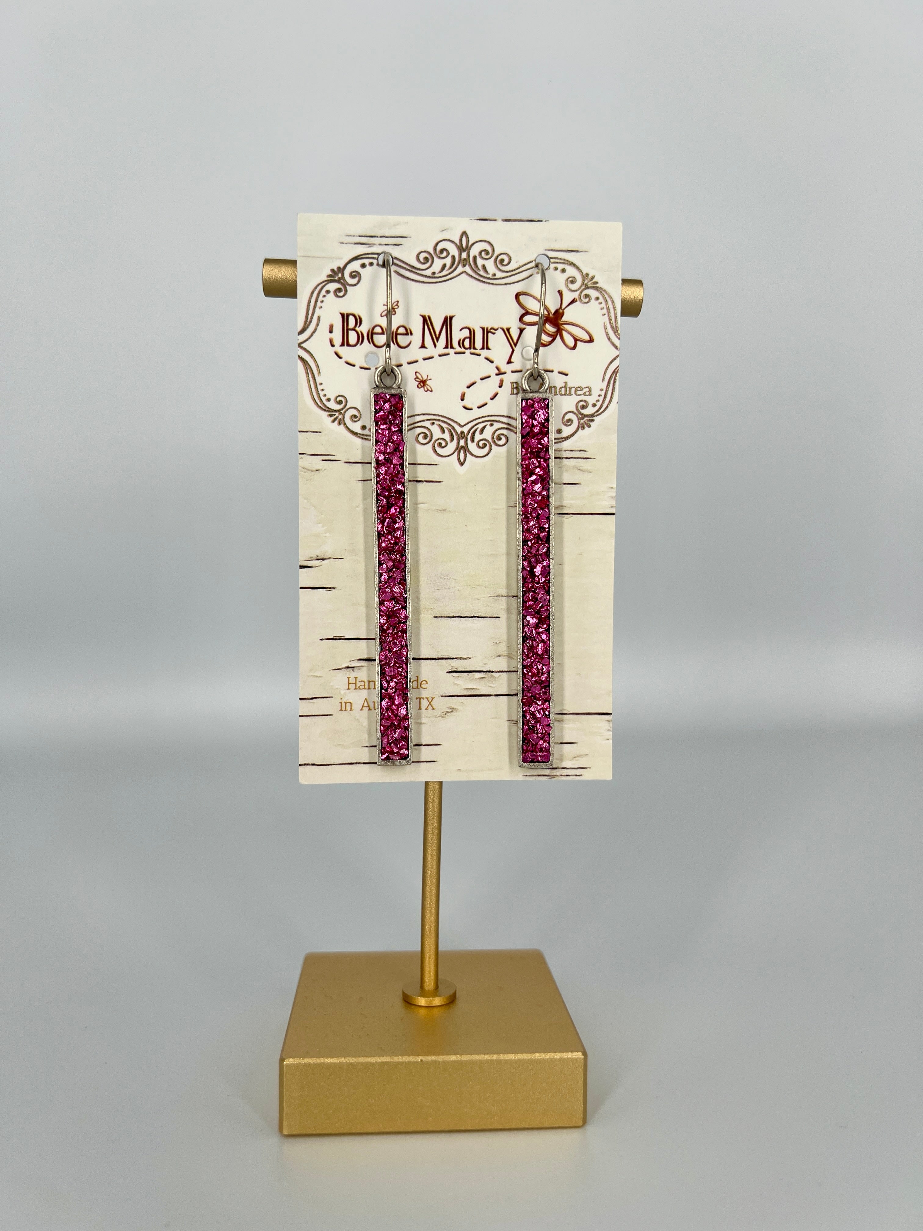 Hot Pink Crushed Glass Bar Earrings by Bee Mary