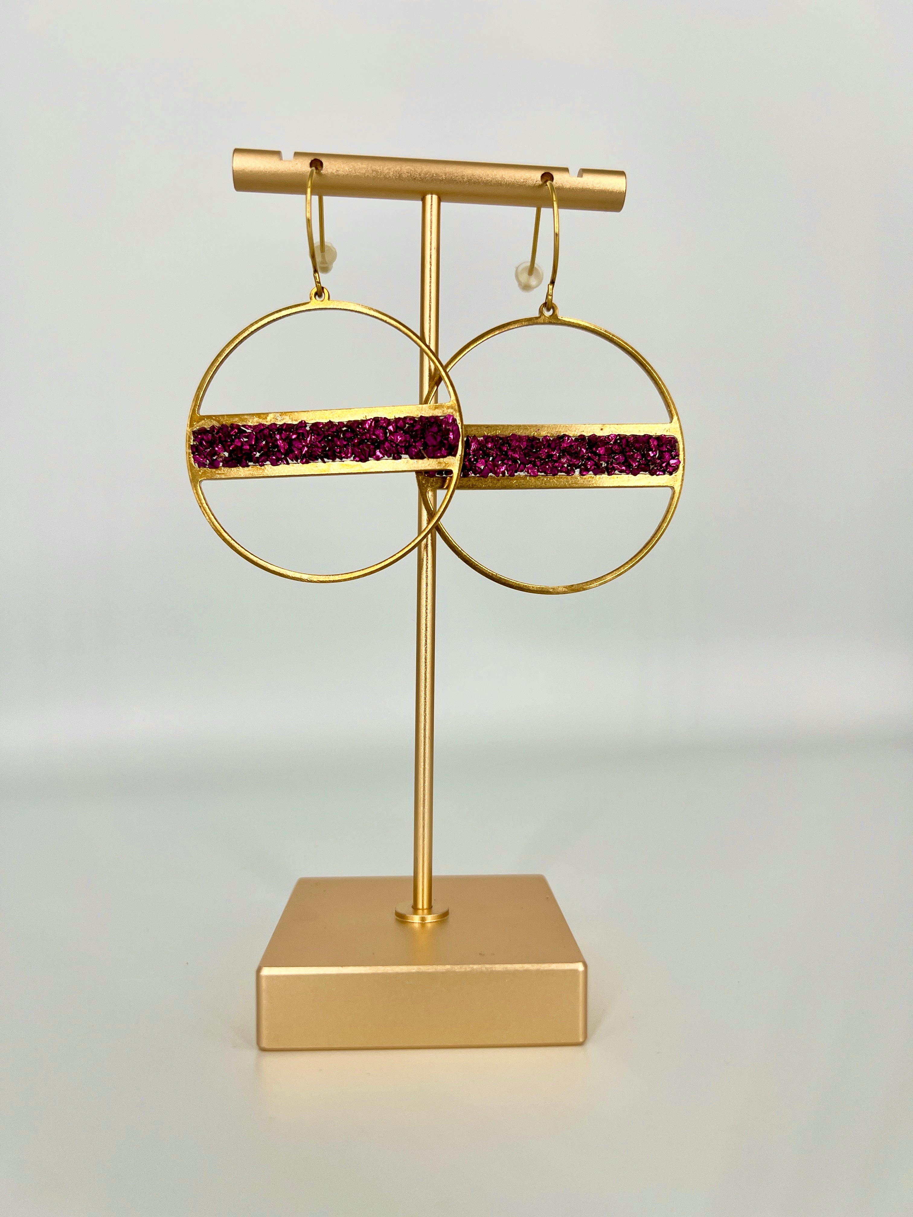 Magenta Crushed Glass Hoop Earrings by Bee Mary