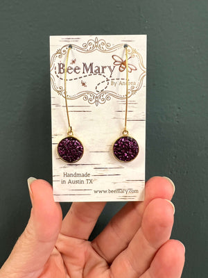 Purple Crushed Glass Dot Dangle Earrings with Gold Wires by Bee Mary